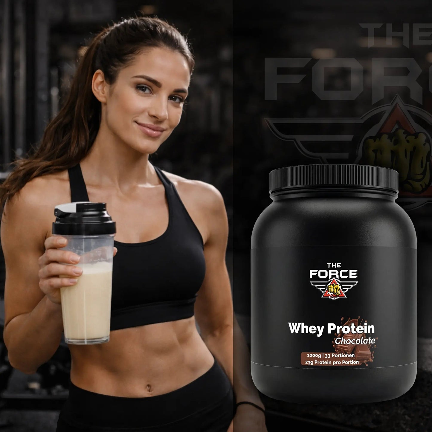 Whey Protein Chocolate Pulver – Molkenproteinpulver mit Chocolate -Geschmack zur Zubereitung eines Proteingetränks.