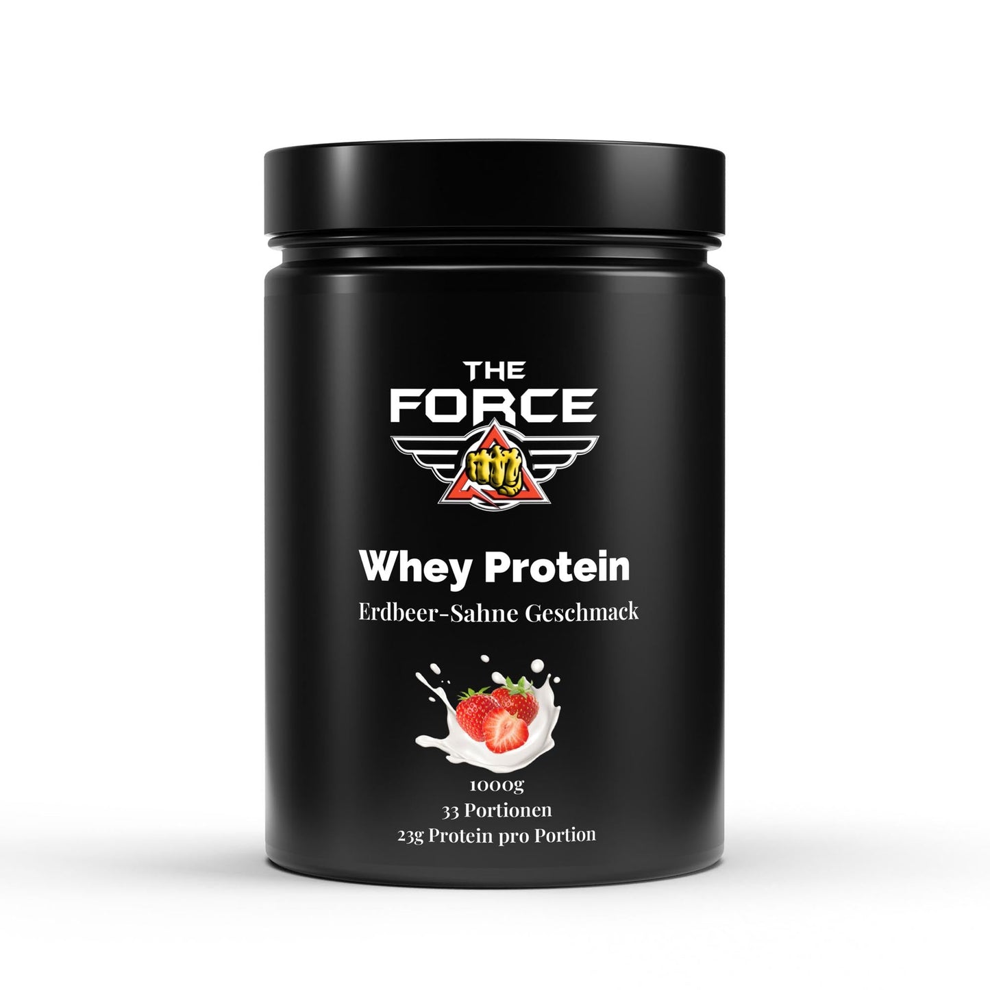 The Force Premium Whey Protein Erdbeere – 1000 g Beutel, hochwertiges Molkenprotein mit Erdbeere-Geschmack.