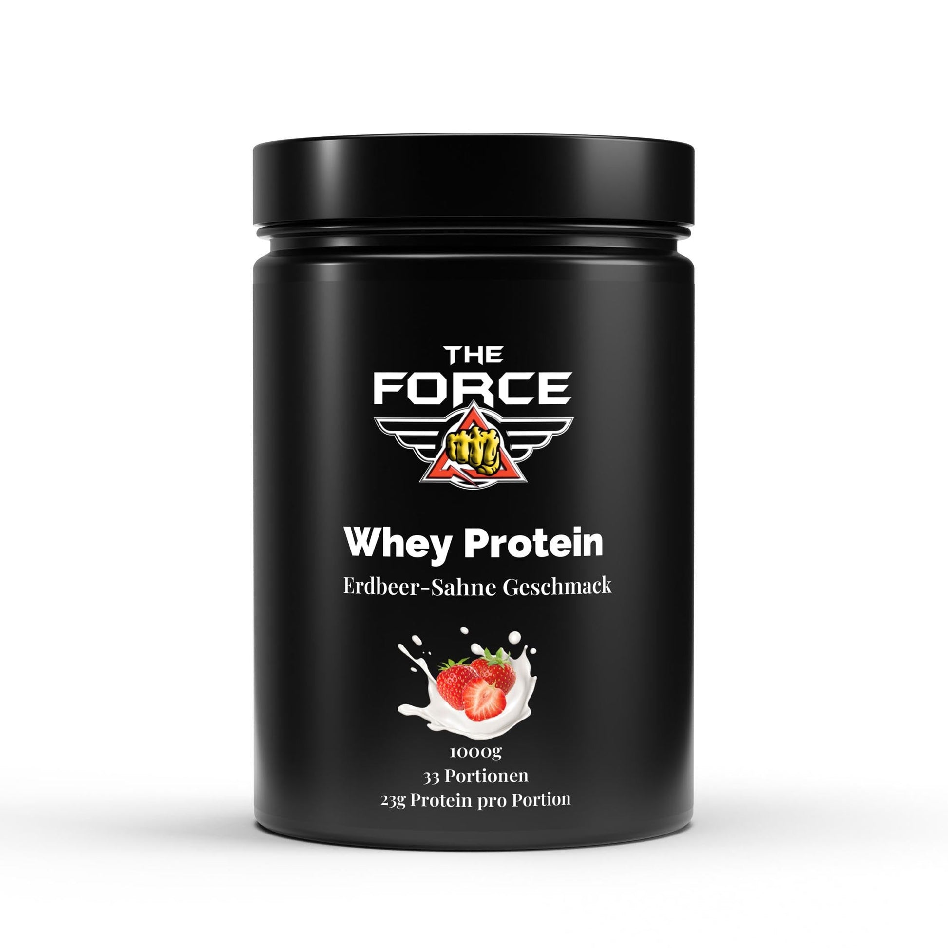 The Force Premium Whey Protein Erdbeere – 1000 g Beutel, hochwertiges Molkenprotein mit Erdbeere-Geschmack.