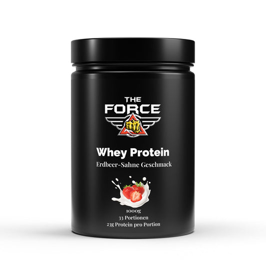 The Force Premium Whey Protein Erdbeere – 1000 g Beutel, hochwertiges Molkenprotein mit Erdbeere-Geschmack.