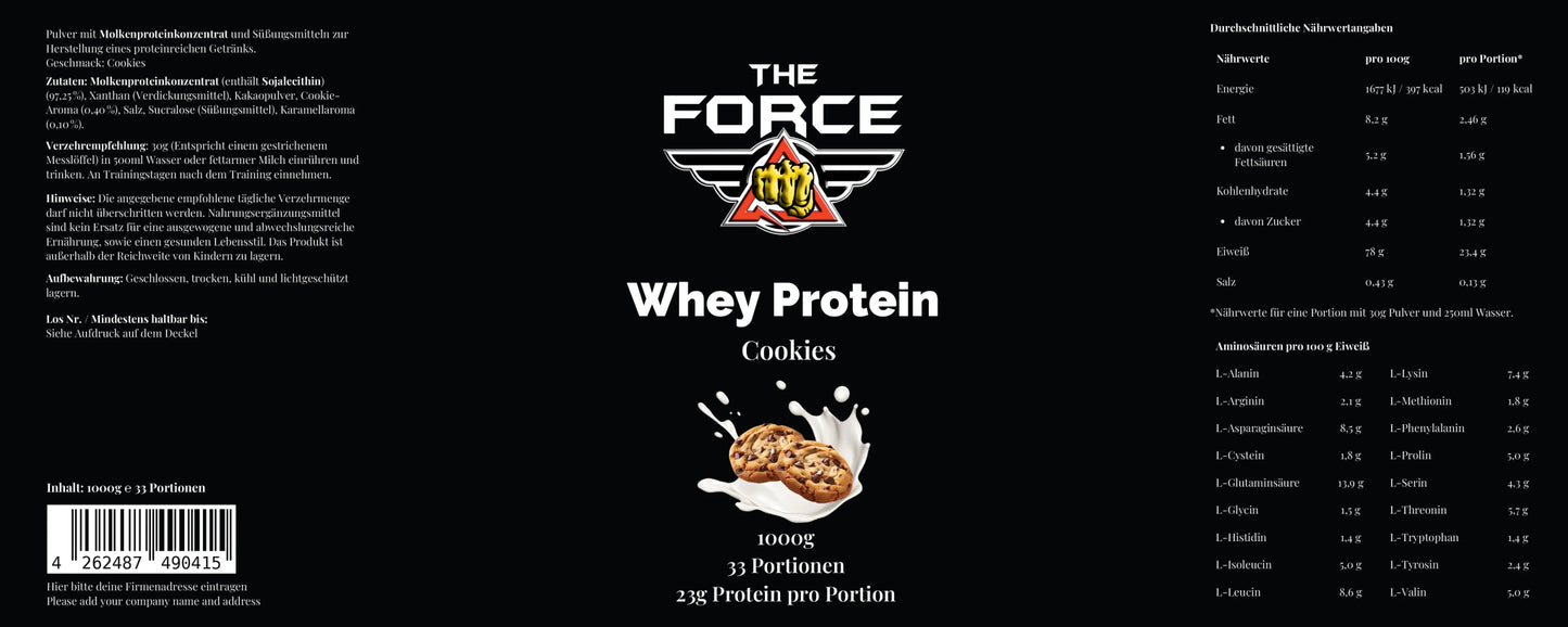 Whey protein package labeled 'The Force' with cookies flavor on a black background