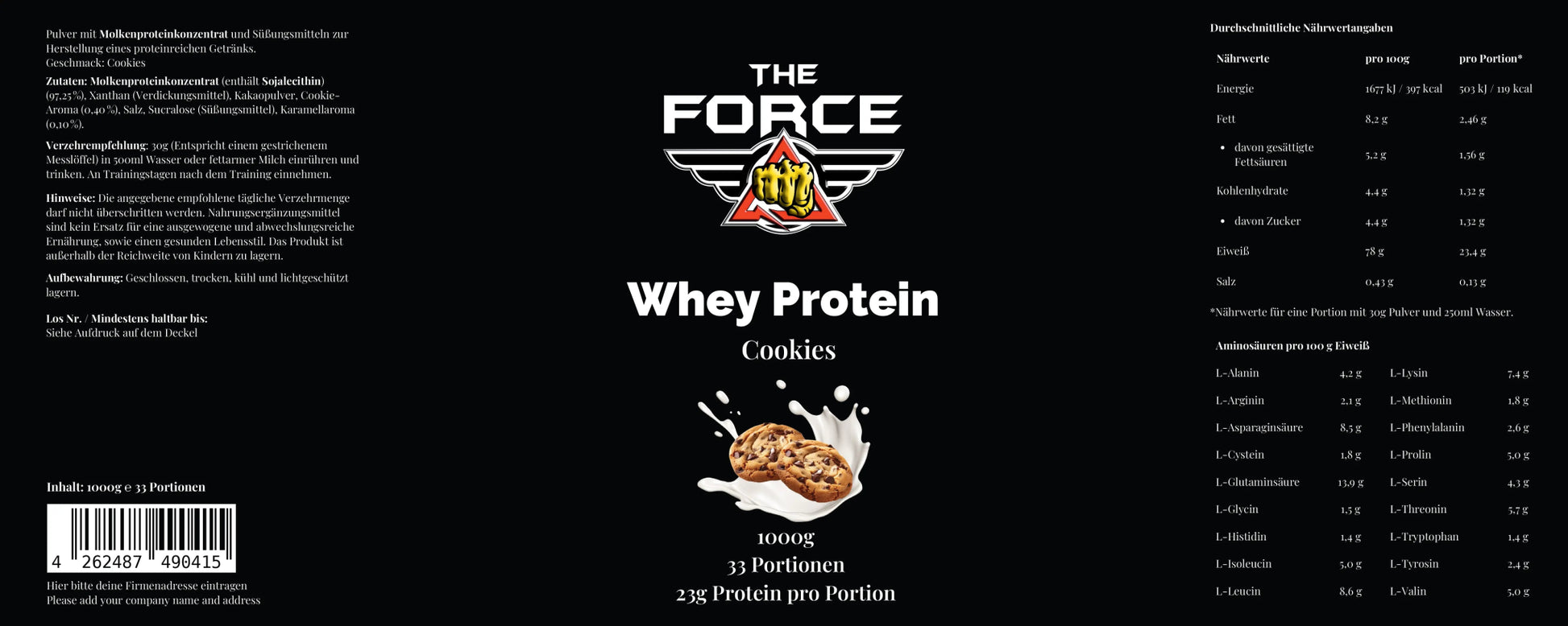 Whey protein package labeled 'The Force' with cookies flavor on a black background