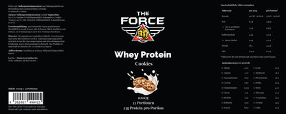 Whey protein package labeled 'The Force' with cookies flavor on a black background
