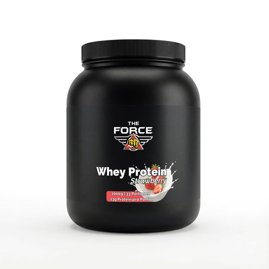 Whey Protein Erdbeer-Sahne Pulver – Molkenproteinpulver mit Erdbeer-Sahne-Geschmack zur Zubereitung eines Proteingetränks.