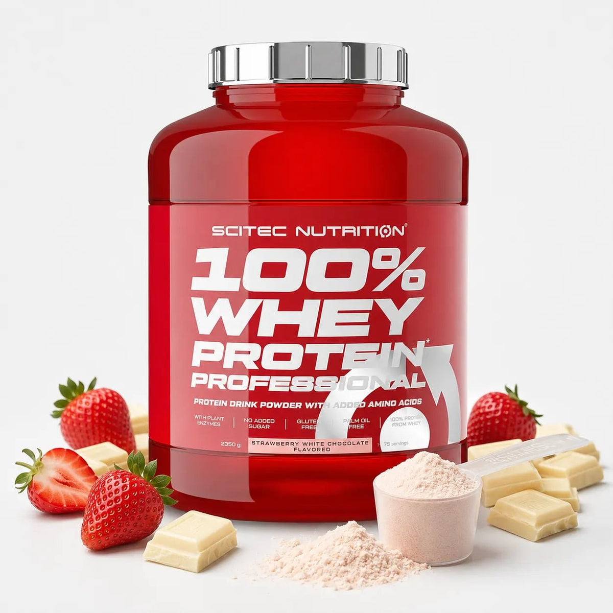 A large red tub of Scitec Nutrition 100% Whey Protein Professional in strawberry white chocolate flavor, surrounded by fresh strawberries, white chocolate pieces, a scoop of powder, and loose powder on a clean white background.