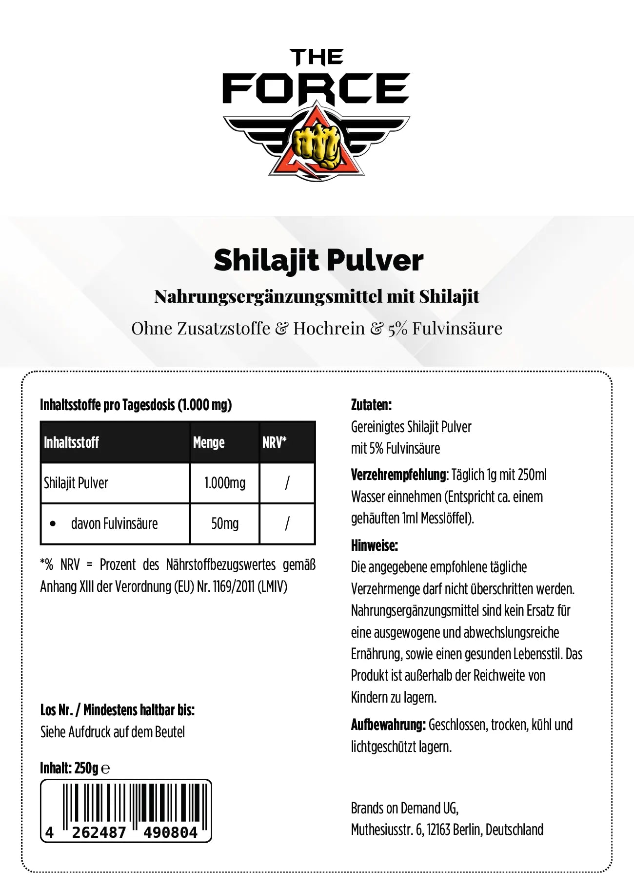 Package of Shilajit Pulver with branding and nutritional information on a white background