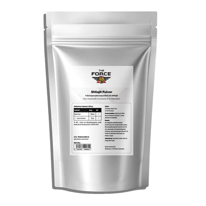 Silver package of 'The Force' Shilajit Pulver on a white background