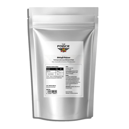 Silver package of 'The Force' Shilajit Pulver on a white background