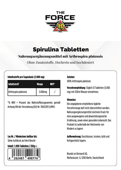Back label of Spirulina tablets with branding and product details.