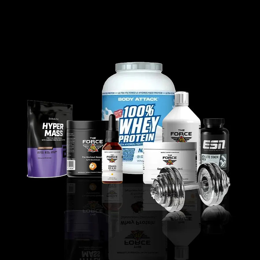 Sporternährung Supplements mit Whey Protein, Pre-Workout und Fitness Hanteln für Training