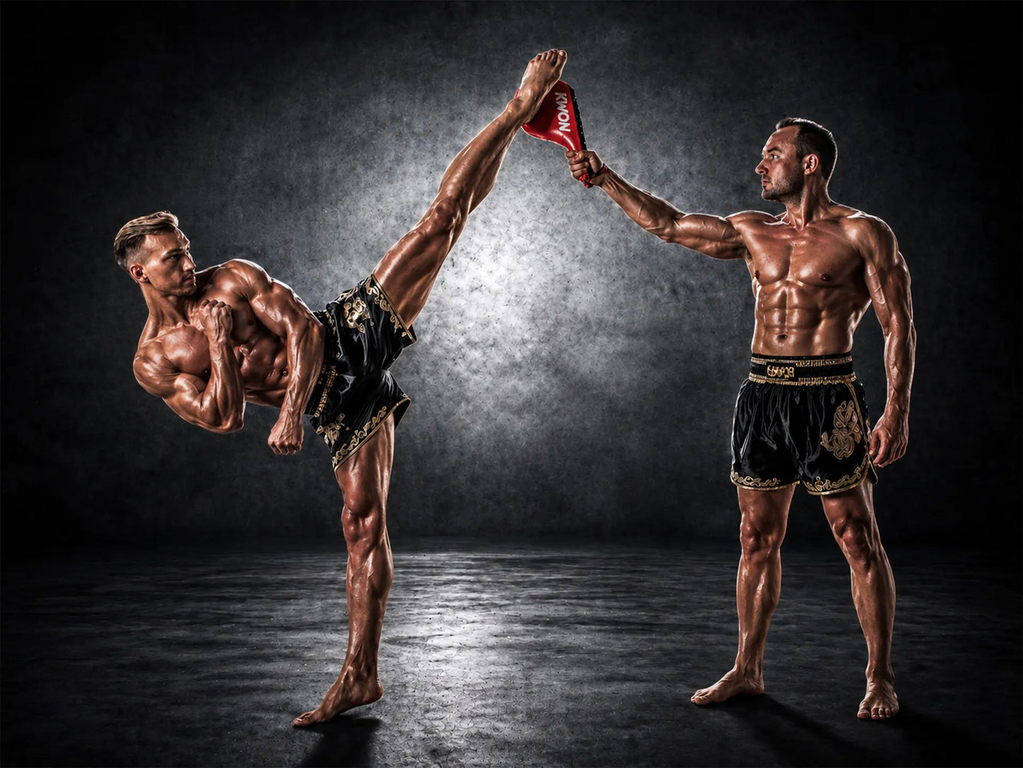 Two muscular individuals in a martial arts pose with one performing a high kick against a dark background.