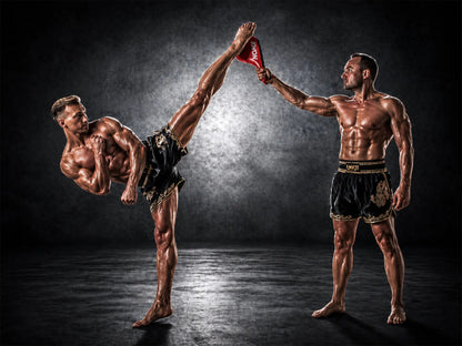 Two muscular individuals in a martial arts pose with one performing a high kick against a dark background.