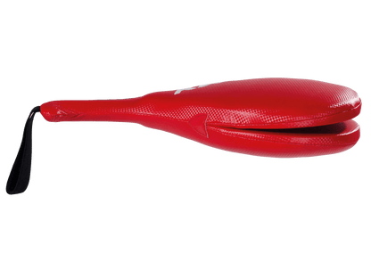 Red sandal with a black strap on a white background