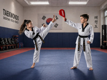 Two children in a taekwondo class practicing kicking and punching techniques.