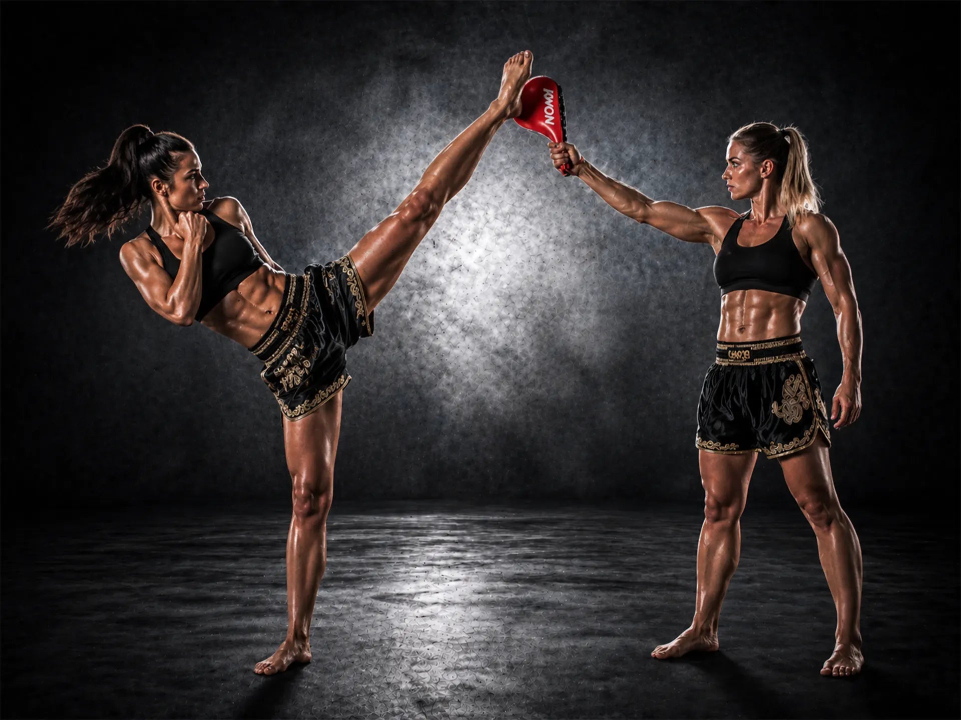 Two women in martial arts gear practicing a kick and punch on a dark background