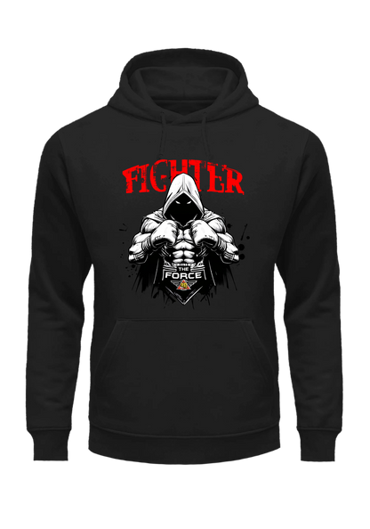 Black hoodie with graphic design and 'FIGHTER' text on a white background