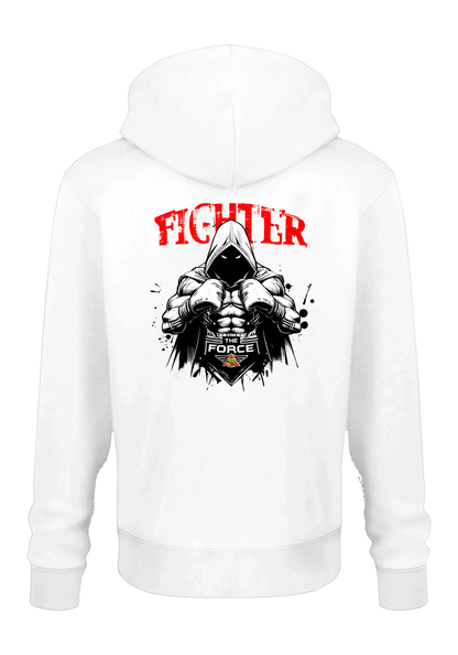 White hoodie with graphic design and 'Fighter' text on a white background