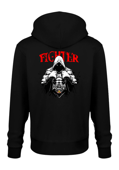 Black hoodie with graphic design and text on a white background