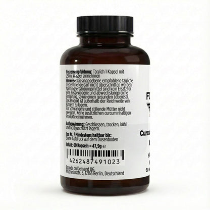 Etikett THE FORCE Curcumin + Piperin Kapseln – Zutaten, Nährwertangaben und Verzehrempfehlung auf Deutsch