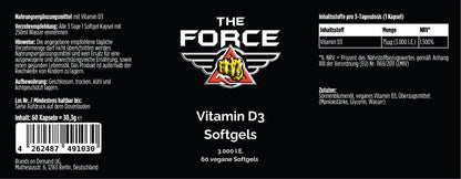 Label of Vitamin D3 Softgels from 'The Force' on a black background