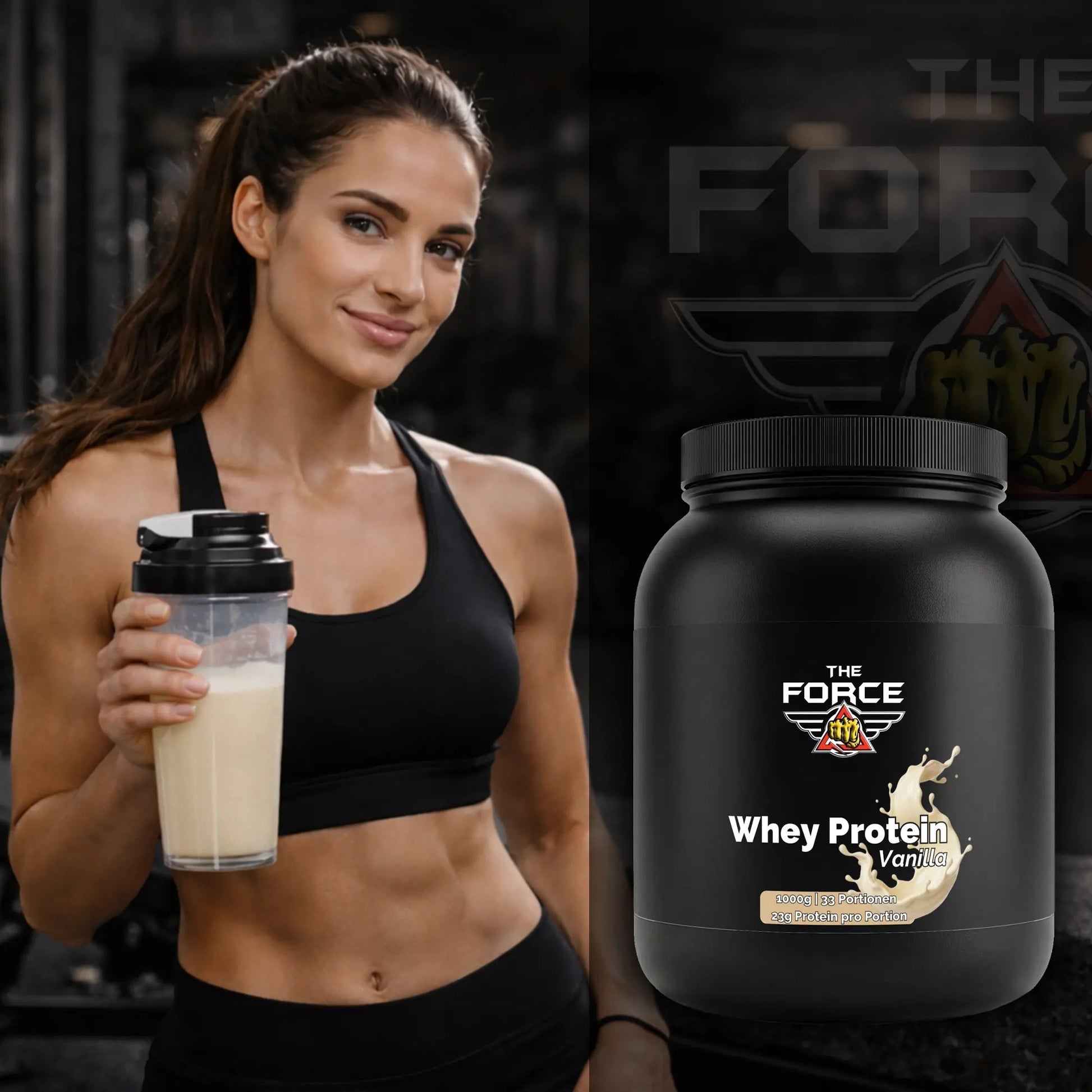 Woman holding a protein shake next to a 'The Force' whey protein container.